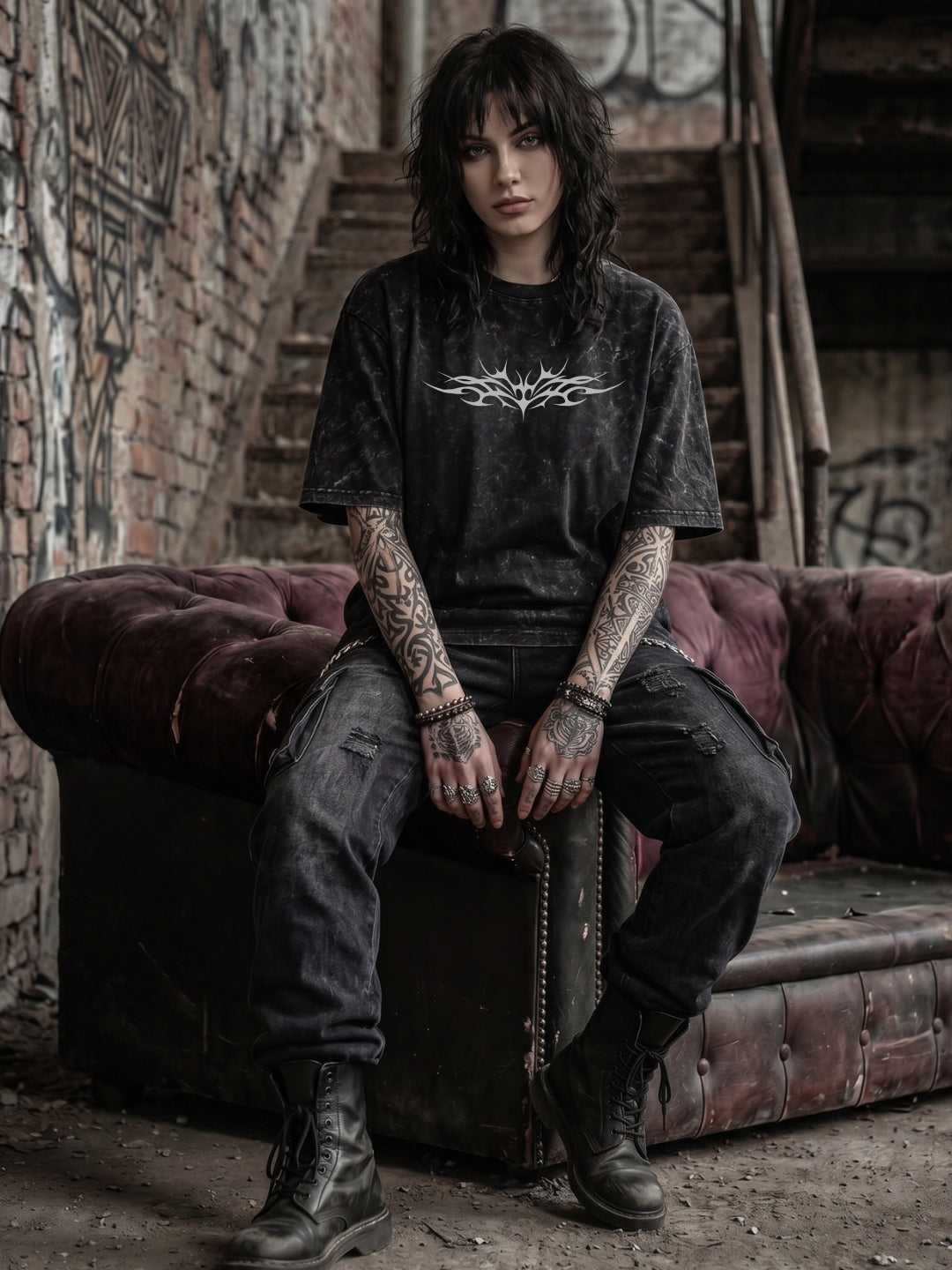 Vantage Tribal Acid-Wash Oversized T-shirt