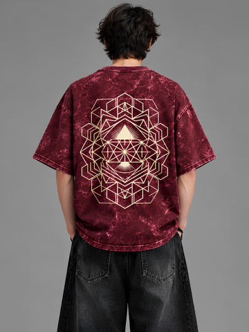Maroon Geometry Acid Wash Oversized T-Shirt