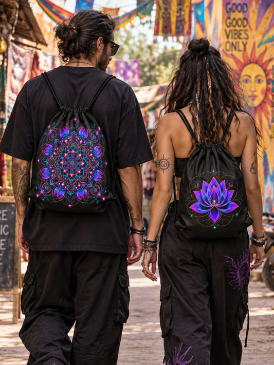 Neon Lotus Mandala Dual-Sided Drawstring Bag