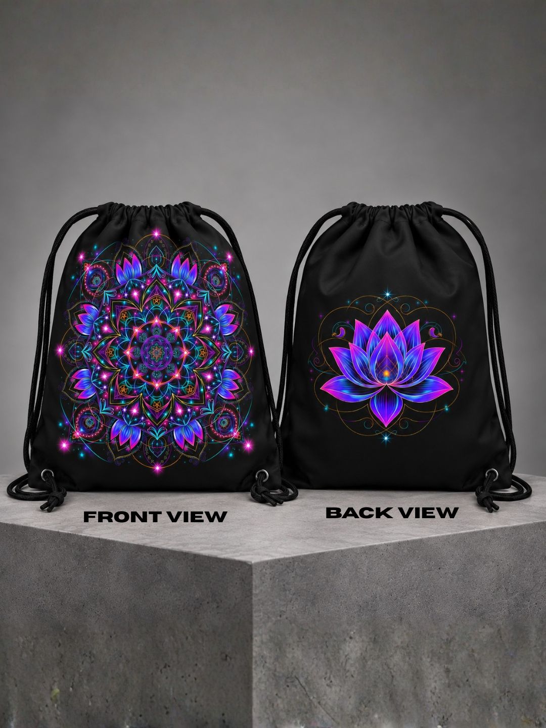 Neon Lotus Mandala Dual-Sided Drawstring Bag