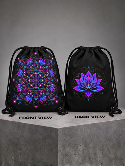 Neon Lotus Mandala Dual-Sided Drawstring Bag