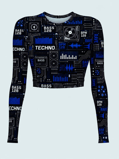 Techno Circuit Full Sleeve Crop Top – Slim Fit Stretch