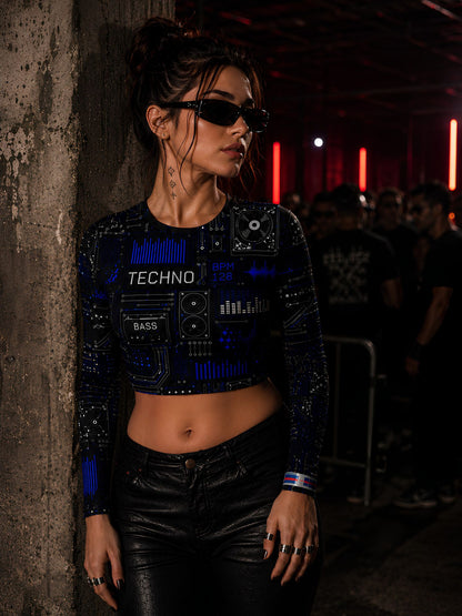 Techno Circuit Full Sleeve Crop Top – Slim Fit Stretch