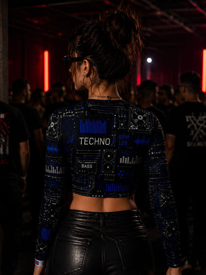 Techno Circuit Full Sleeve Crop Top – Slim Fit Stretch