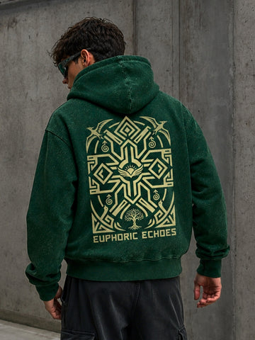Euphoric Echoes Acid Wash Tribal Hoodie – Bottle Green