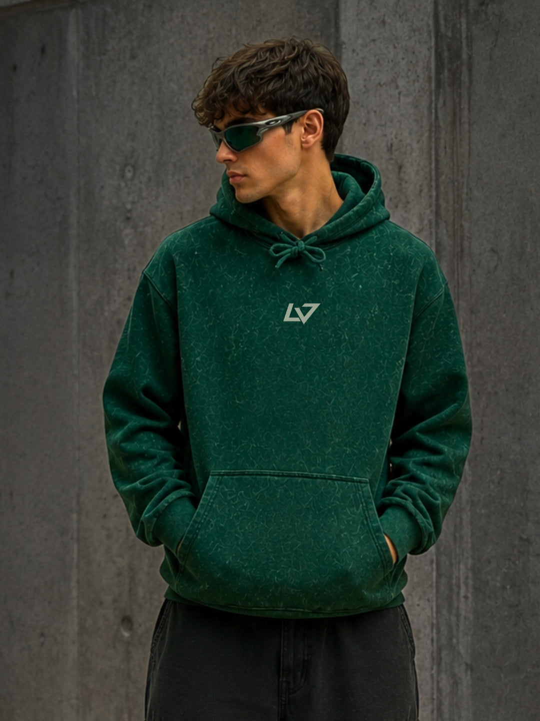 Euphoric Echoes Acid Wash Tribal Hoodie – Bottle Green