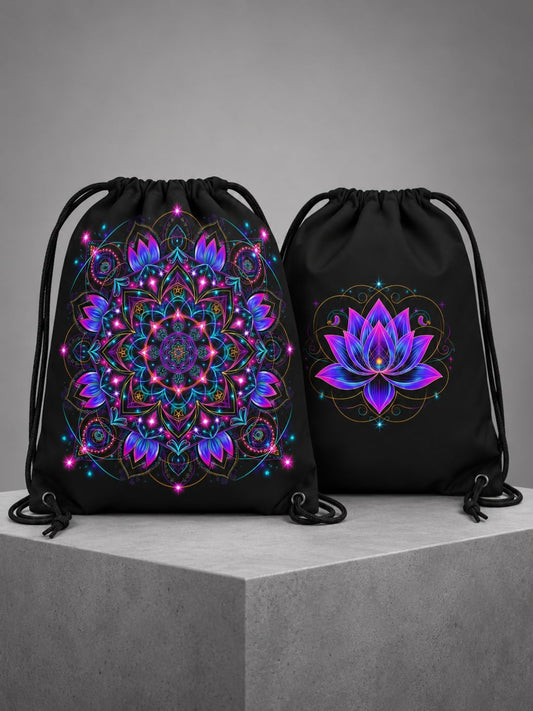 Neon Lotus Mandala Dual-Sided Drawstring Bag
