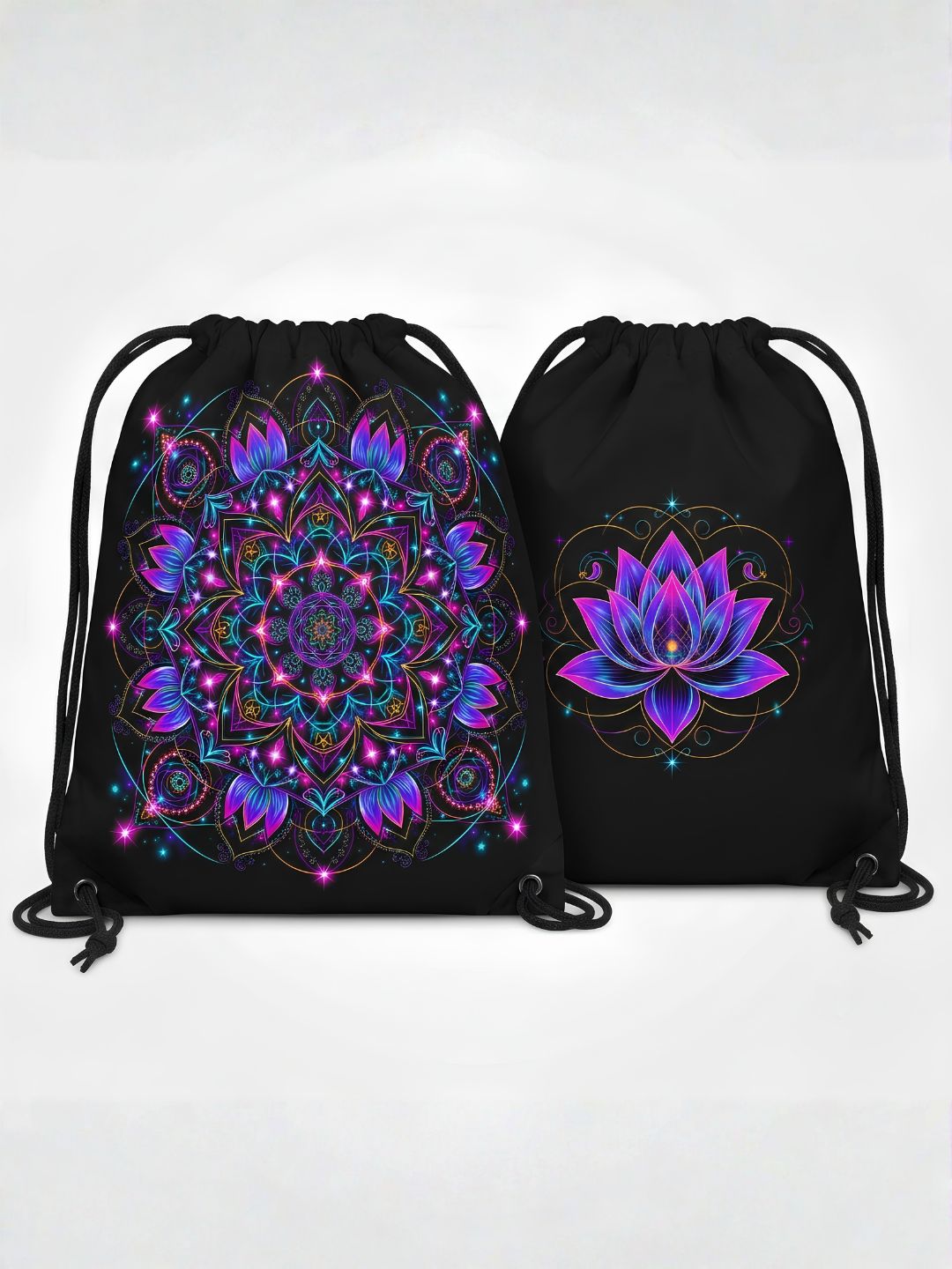 Neon Lotus Mandala Dual-Sided Drawstring Bag