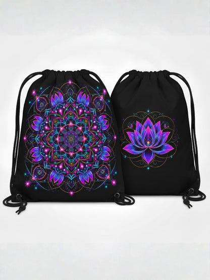 Neon Lotus Mandala Dual-Sided Drawstring Bag