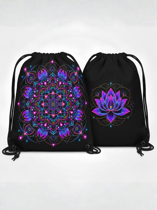 Neon Lotus Mandala Dual-Sided Drawstring Bag