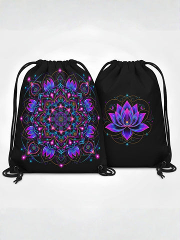 Neon Lotus Mandala Dual-Sided Drawstring Bag