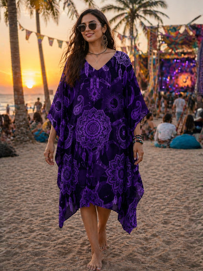 Elegant Purple Satin Kaftan Dress – Kimono Sleeve