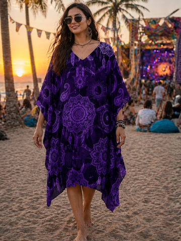 Elegant Purple Satin Kaftan Dress – Kimono Sleeve