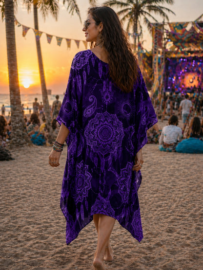 Elegant Purple Satin Kaftan Dress – Kimono Sleeve