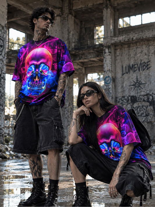 Neon Skull – RGB Glow Effect Oversized T-Shirt